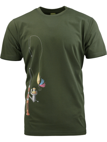 triko s barevným potiskem RYBÁŘSKÝ PRUT olivově zelené