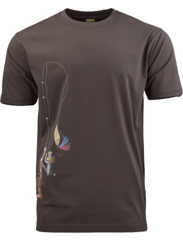 triko s barevným potiskem RYBÁŘSKÝ PRUT tmavě hnědé